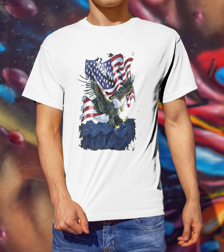 Bald Eagle Over Mountains With American Flag Background T-Shirt