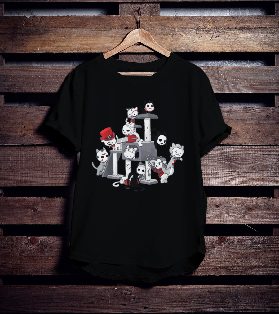 Cat Horror Movie Characters On Scratching Post With Masks And Costumes T-Shirt