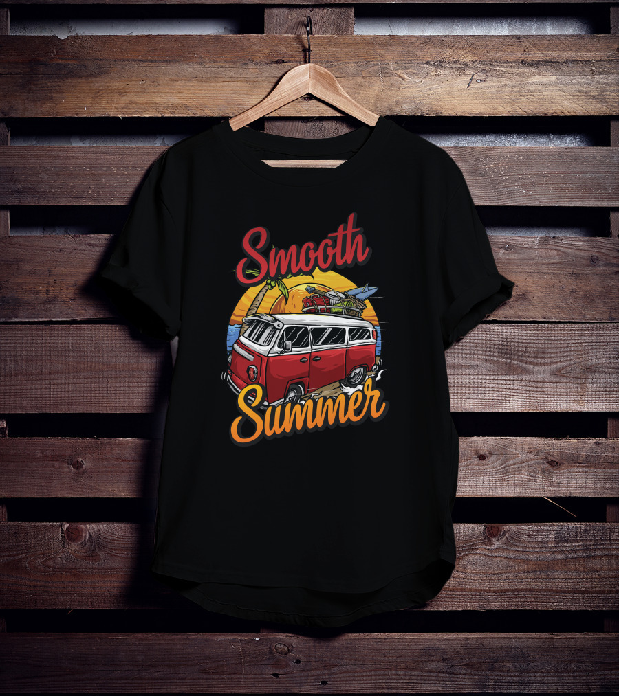 Smooth Summer Vintage Surf Van Adventure With Palm Trees And Sunset T-Shirt