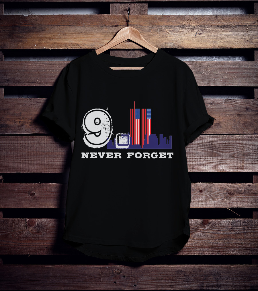 9 Never Forget Twin Towers Skyline American Flag T-Shirt