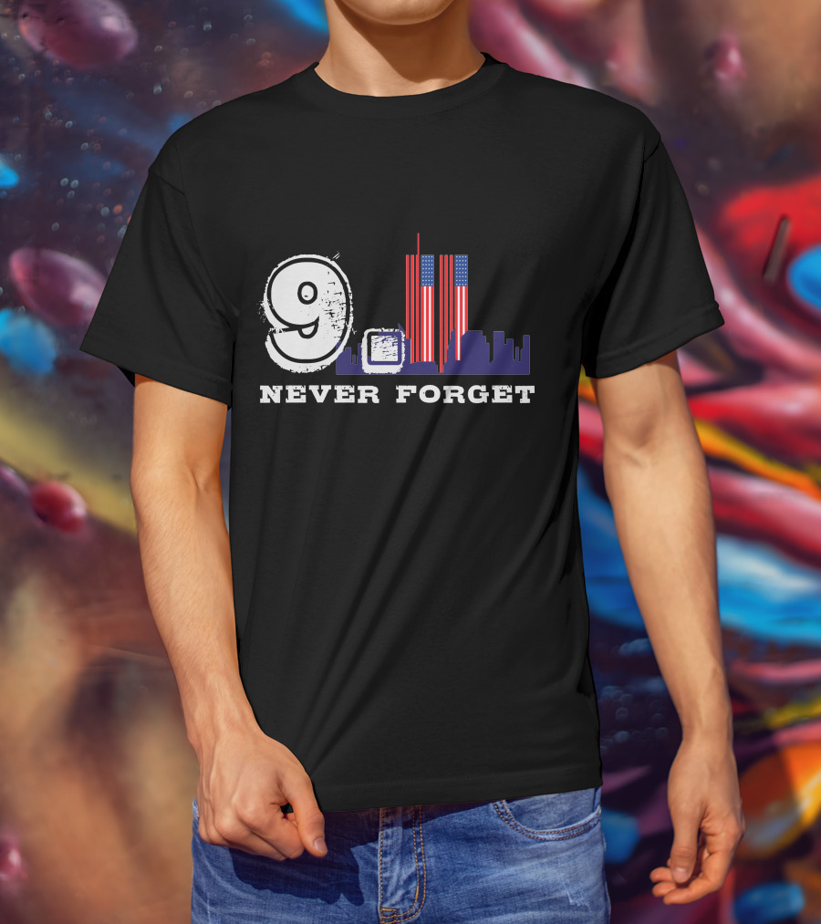 9 Never Forget Twin Towers Skyline American Flag T-Shirt