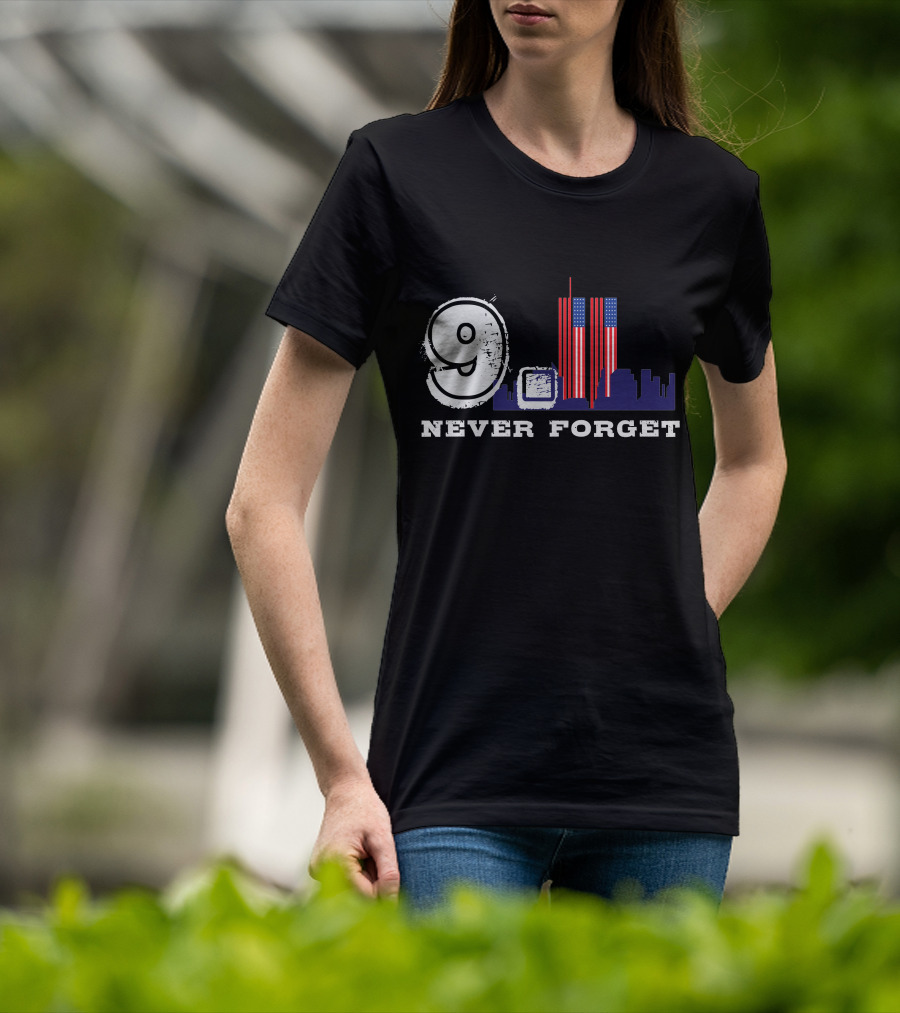 9 Never Forget Twin Towers Skyline American Flag T-Shirt