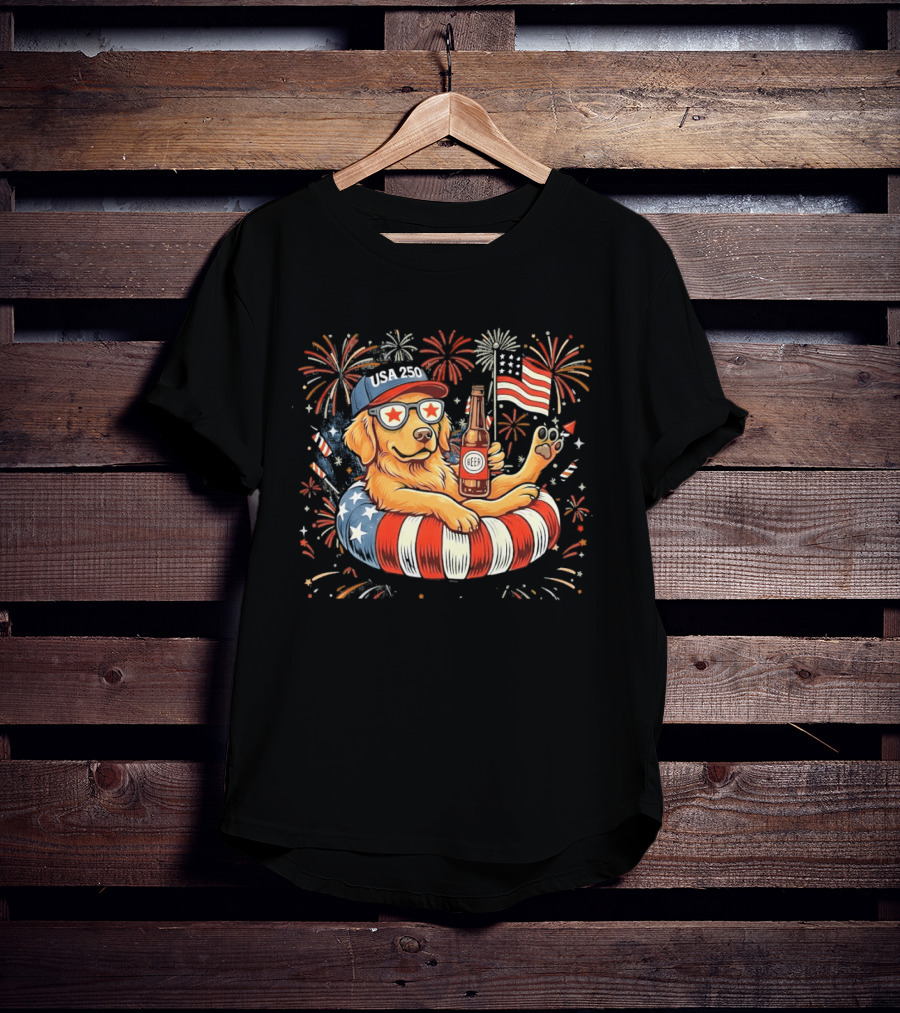 Golden Retriever Beer USA 250 Fireworks American Flag 4th Of July T-Shirt