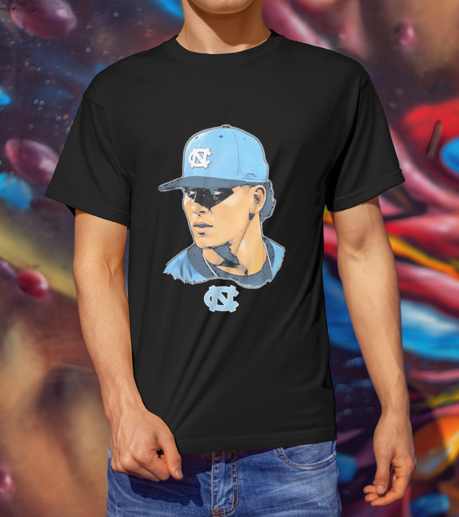 UNC Tar Heels Baseball Portrait Comic Style Navy Blue Cap T-Shirt