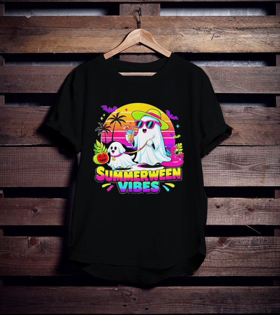Summerween Vibes Ghost Walking Dog Retro Sunset Tropical Beach Party T-Shirt