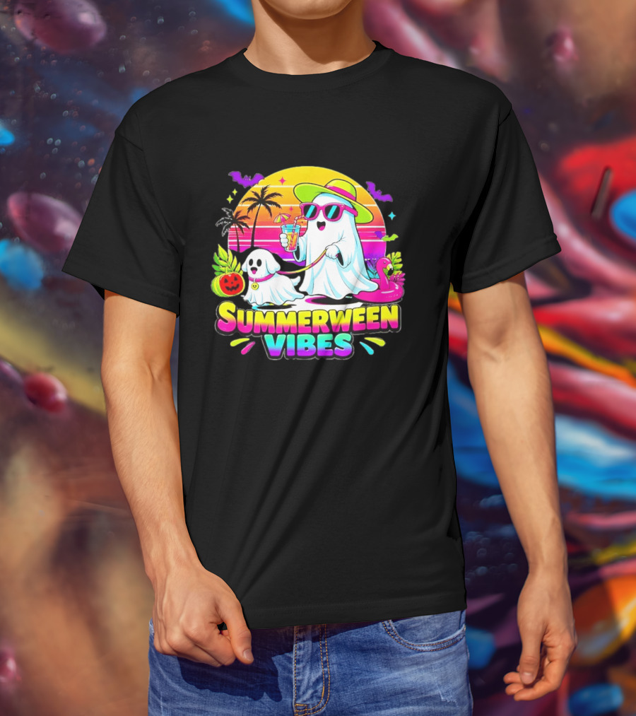 Summerween Vibes Ghost Walking Dog Retro Sunset Tropical Beach Party T-Shirt