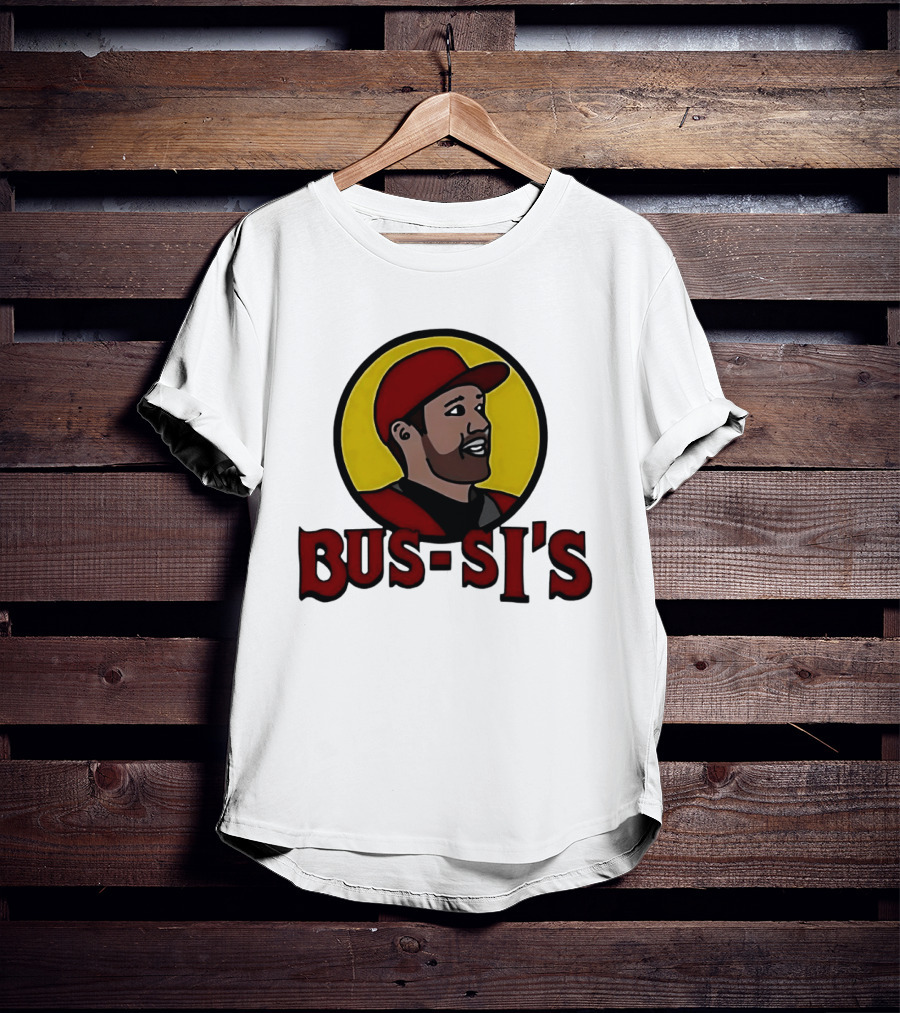 Bus Si's Baseball Player Cartoon Logo Design White T-Shirt