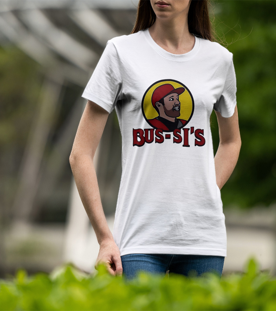 Bus Si's Baseball Player Cartoon Logo Design White T-Shirt