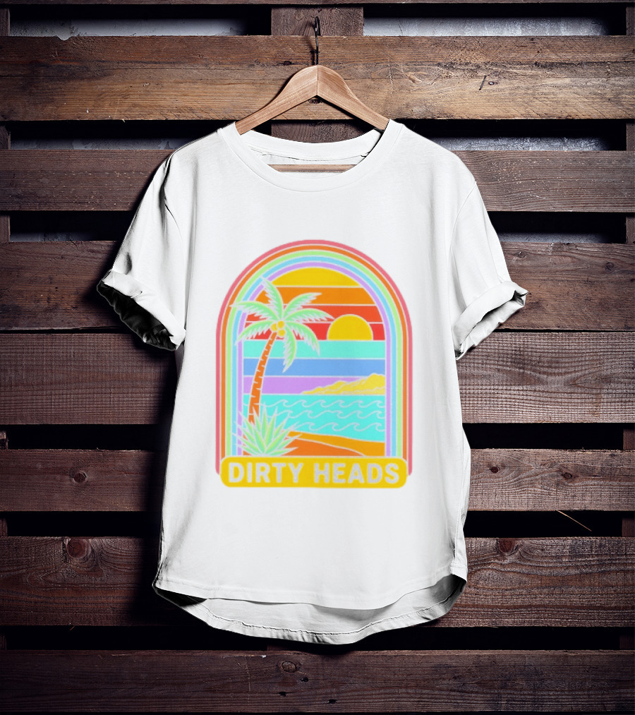 Dirty Heads Tropical Beach Palm Tree Rainbow Arch Sunset T-Shirt