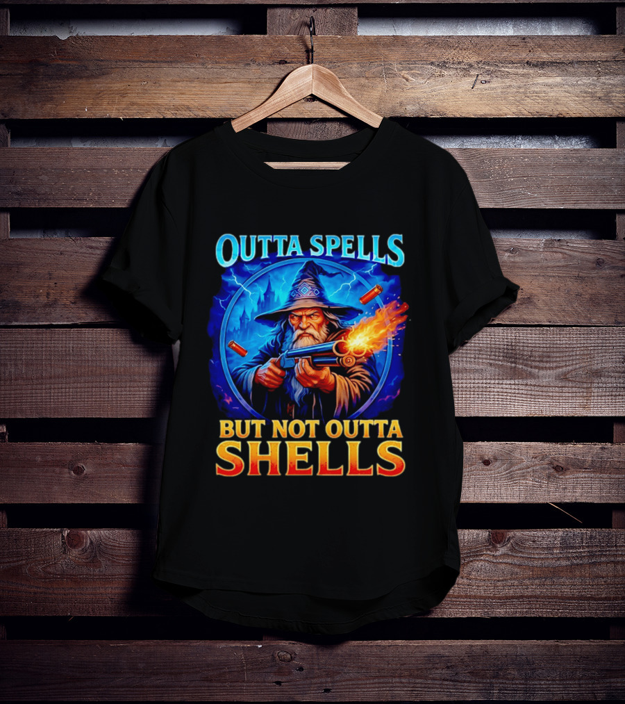 Outta Spells But Not Outta Shells Wizard With Gun Fantasy Humor T-Shirt