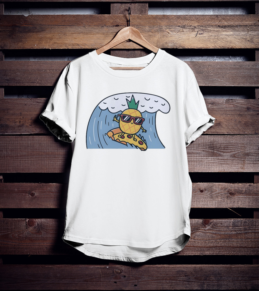Pineapple Surfing On Pizza Slice Ocean Wave With Sunglasses Cartoon T-Shirt