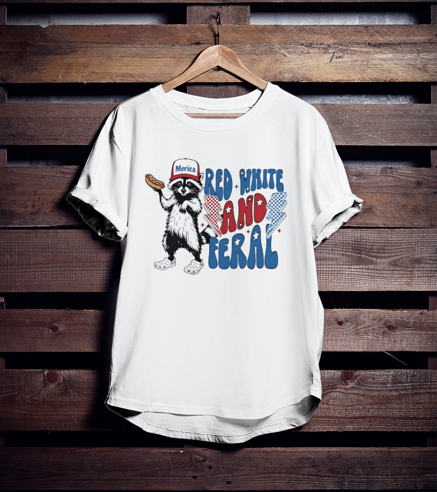 Red White And Feral Raccoon Hotdog Merica Cap Lightning Bolts Patriotic T-Shirt