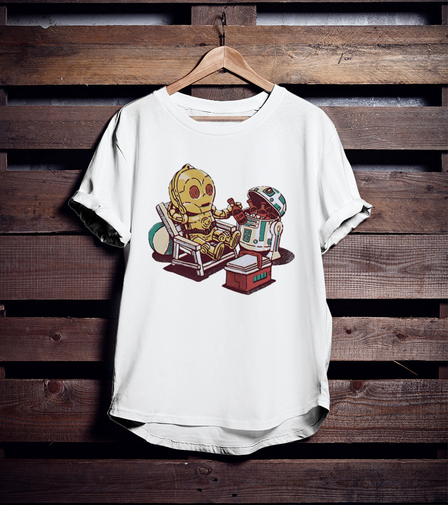 Stay Buddy Two Robots Relaxing Beach Chair Sci Fi Humor T-Shirt