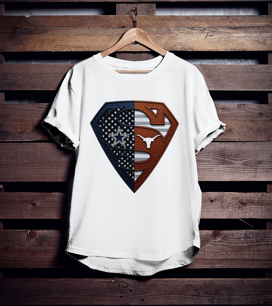 Dallas Cowboys Texas Longhorns Superman Shield Split Dual Icon Emblems T-Shirt