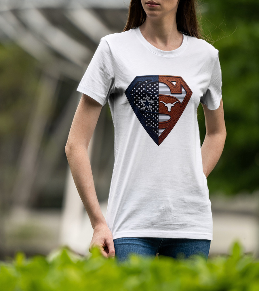 Dallas Cowboys Texas Longhorns Superman Shield Split Dual Icon Emblems T-Shirt