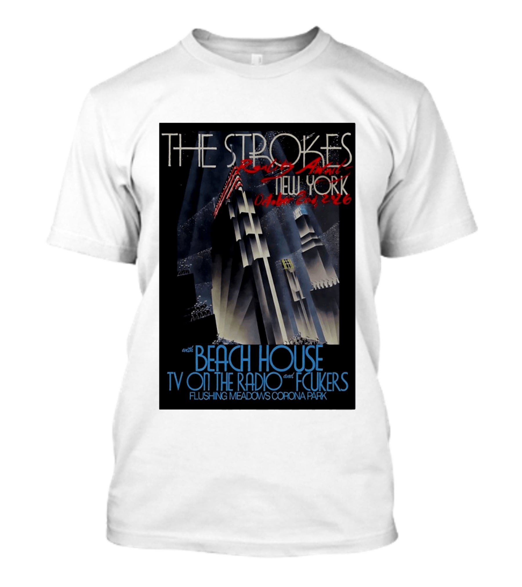 The Strokes New York Concert October 2026 Flushing Meadows Corona Park With Beach House TV On The Radio Fcukers Deco Cityscape T-Shirt
