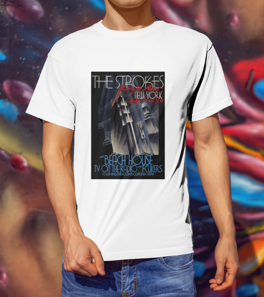 The Strokes New York Concert October 2026 Flushing Meadows Corona Park With Beach House TV On The Radio Fcukers Deco Cityscape T-Shirt