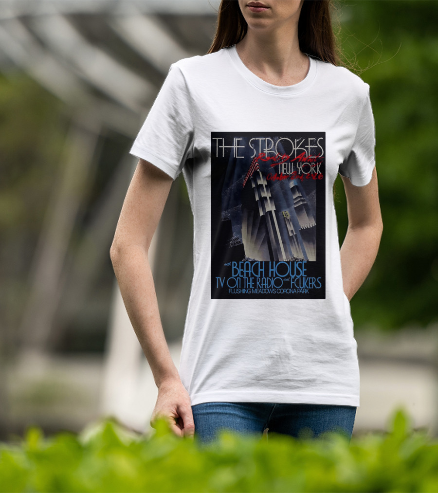 The Strokes New York Concert October 2026 Flushing Meadows Corona Park With Beach House TV On The Radio Fcukers Deco Cityscape T-Shirt