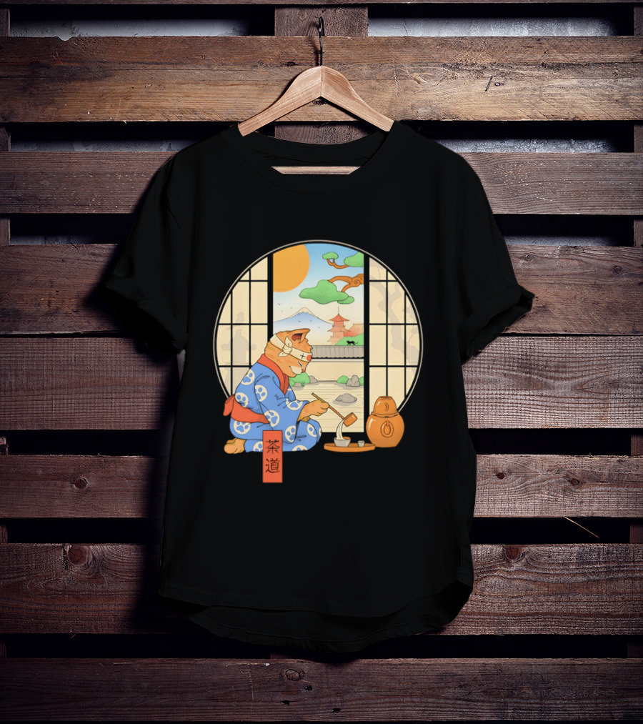Ukiyo E Style Cat Tea Ceremony With Japanese Landscape T-Shirt