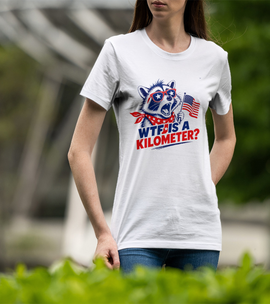 WTF Is A Kilometer Star Spangled Raccoon Holding American Flag 4th Of July T-Shirt