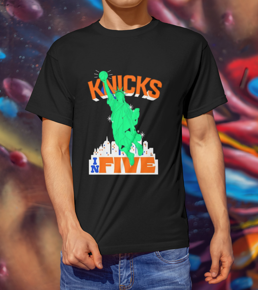 Knicks Statue Of Liberty Dunk In Five Basketball Cartoon Skyline T-Shirt