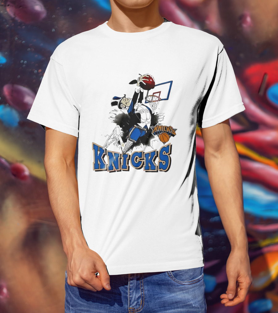 New York Knicks Dunking Red Apple Knicks Text Blue Basketball T-Shirt