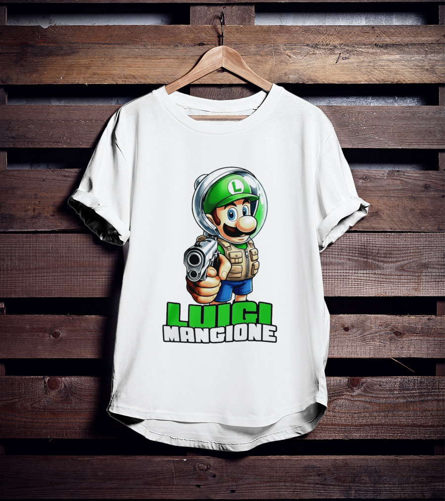 Luigi Mangione Super Mario Green Hat Gun Image T-Shirt