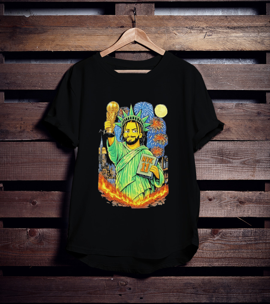 New York Knicks Jalen Brunson As Statue Of Liberty NYK 11 With Trophy And Fireworks T-Shirt