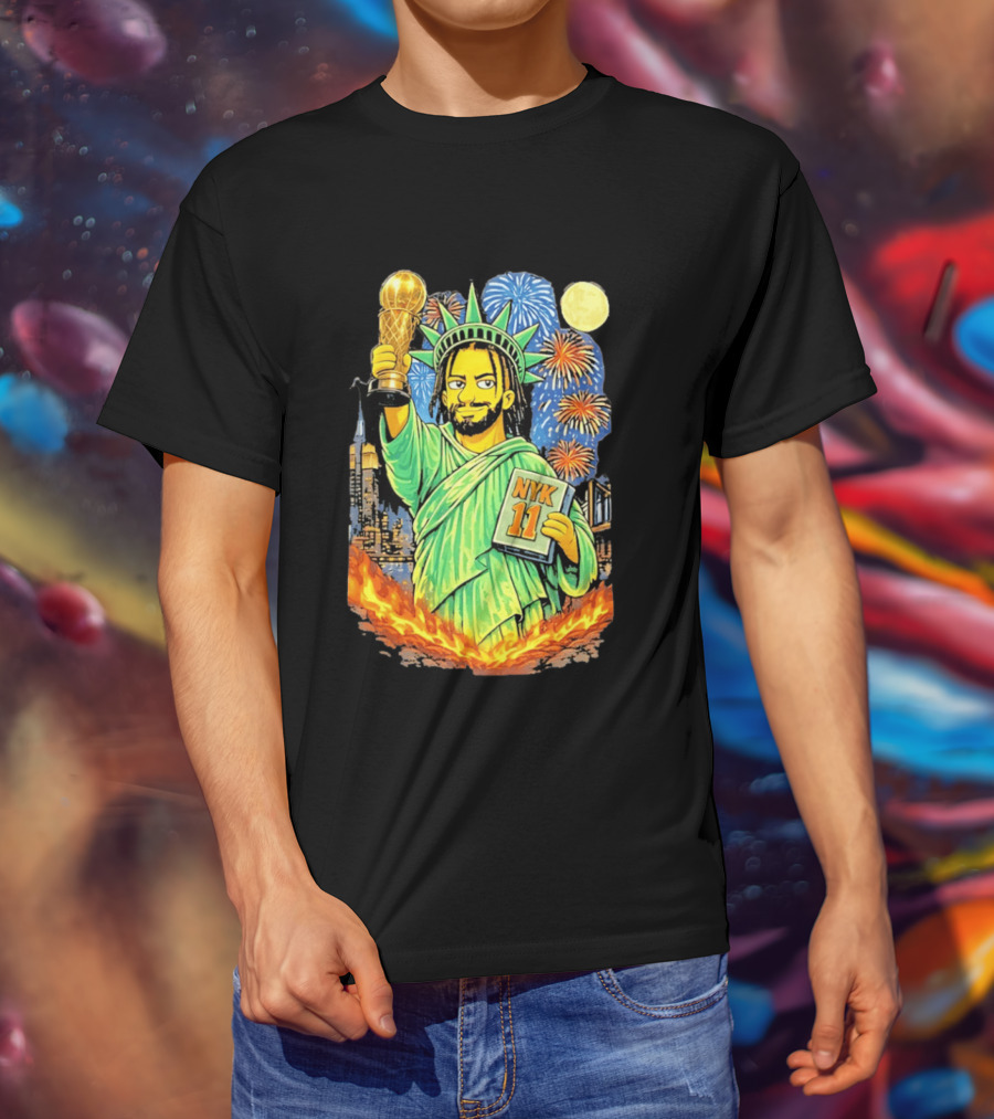 New York Knicks Jalen Brunson As Statue Of Liberty NYK 11 With Trophy And Fireworks T-Shirt