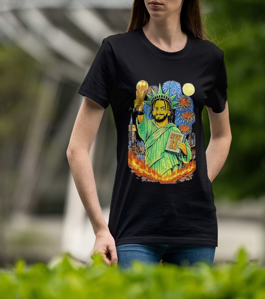 New York Knicks Jalen Brunson As Statue Of Liberty NYK 11 With Trophy And Fireworks T-Shirt