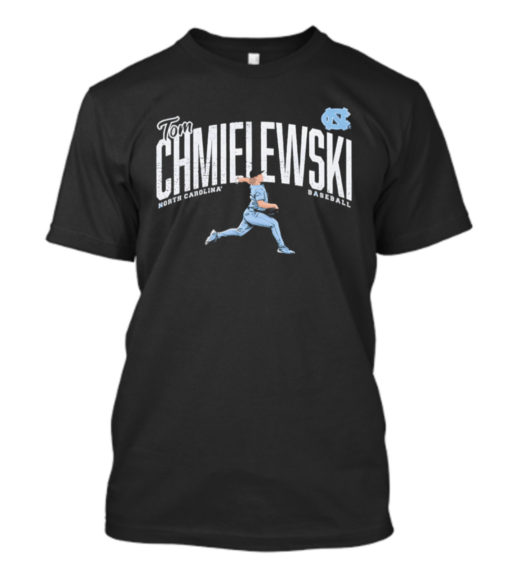 North Carolina Baseball Tom Chmielewski Running Pose Graphic With UNC Tar Heels T-Shirt