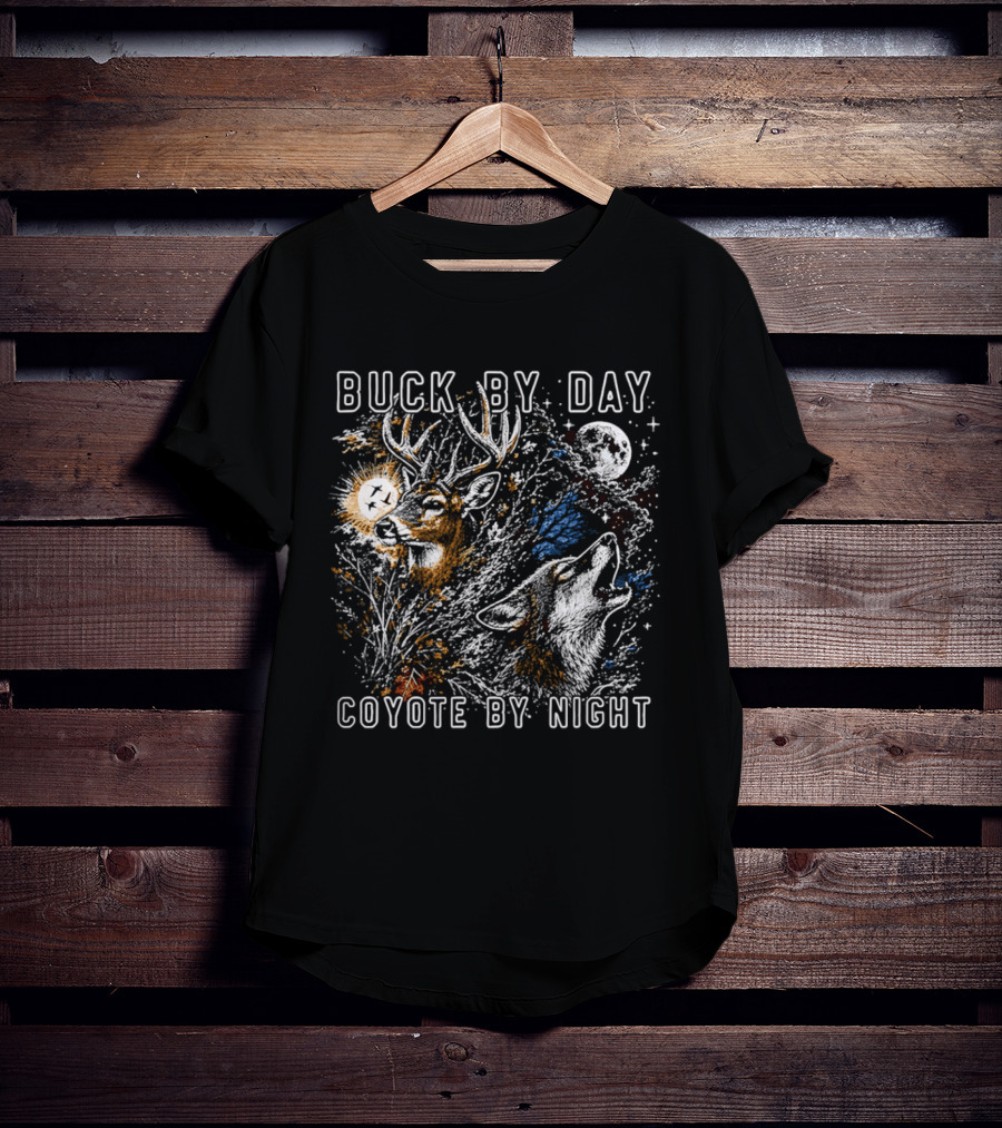 Buck By Day Coyote By Night Deer And Wolf Moon Scene T-Shirt