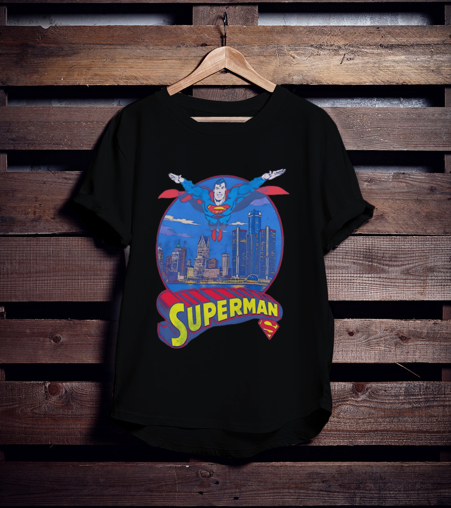 Detroit Superman Jay Towers Motor City Skyline Superman Logo Retro Comic T-Shirt