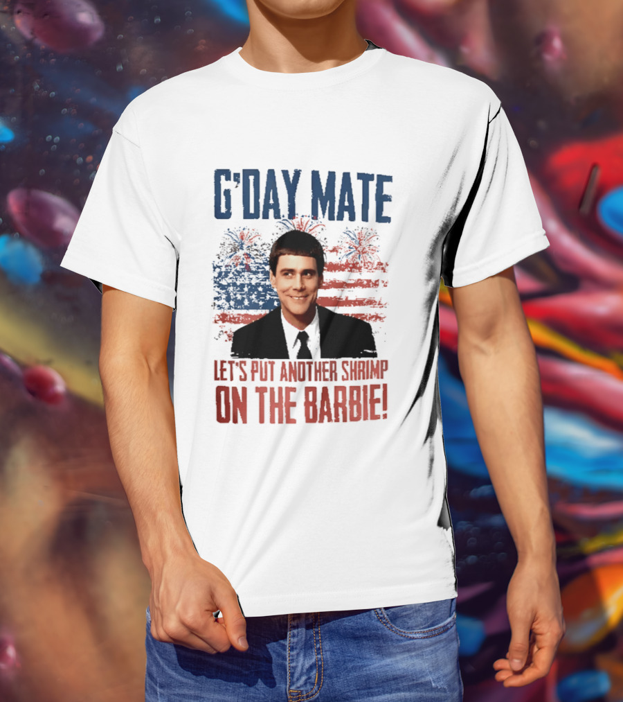 G'Day Mate Let's Put Another Shrimp On The Barbie 4th Of July With Stars And Stripes Fireworks T-Shirt