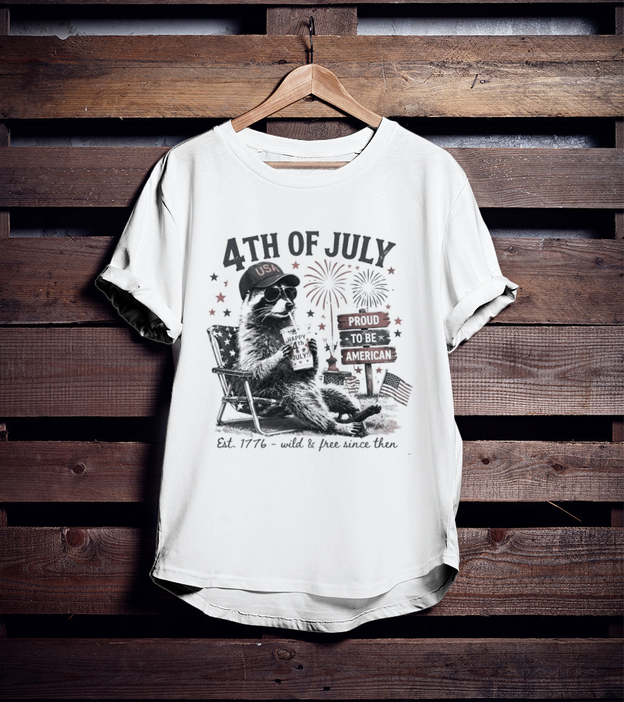 4th Of July Raccoon USA Hat Sunglasses Proud To Be American Est 1776 T-Shirt