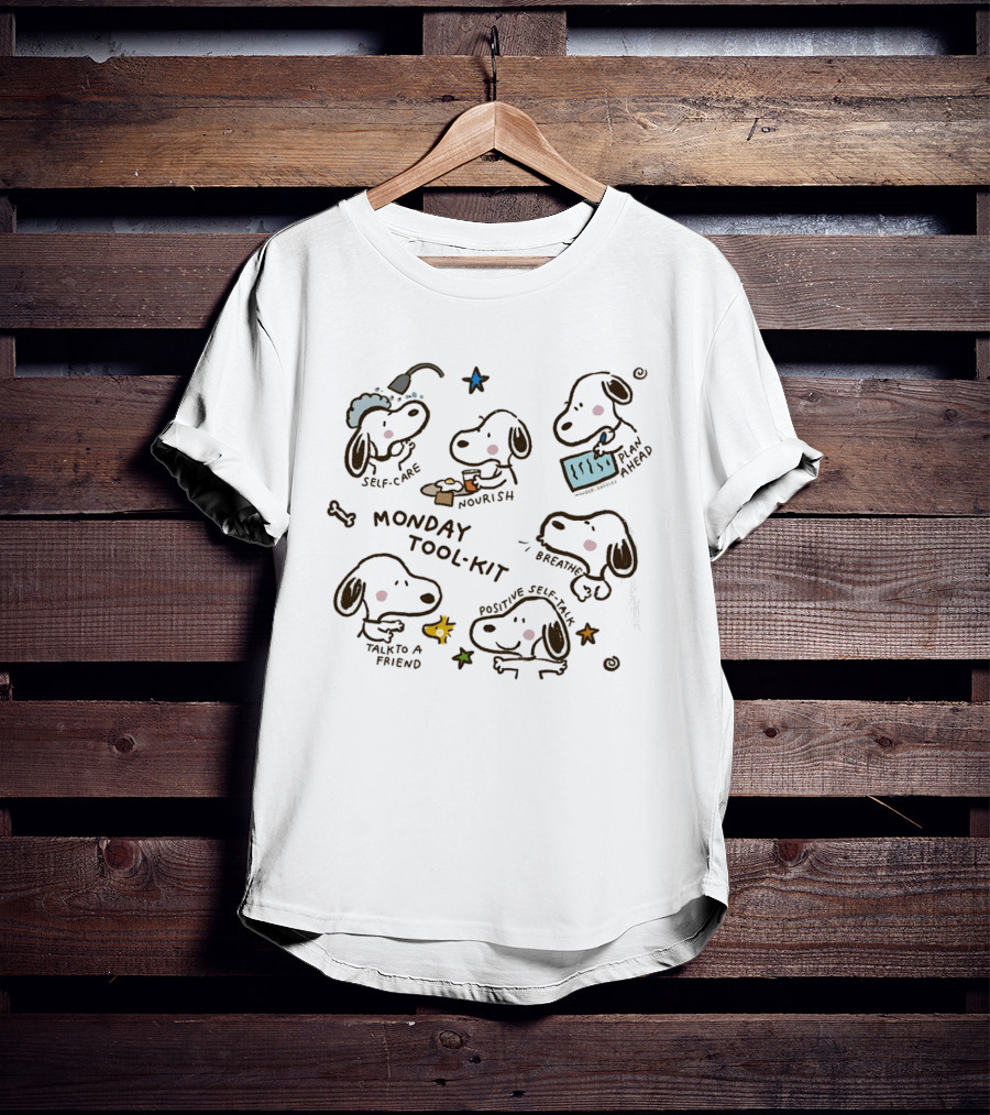 Snoopy Monday Tool Kit Self Care Nourish Relaxation Mental Health Positive Self Talk Plan Ahead T-Shirt