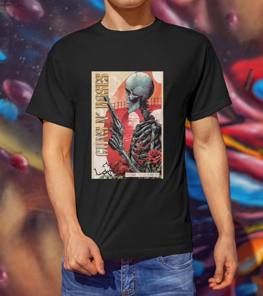 Guns N' Roses Amsterdam 18 June 2026 Ziggo Dome Skeleton With Gun And Roses T-Shirt