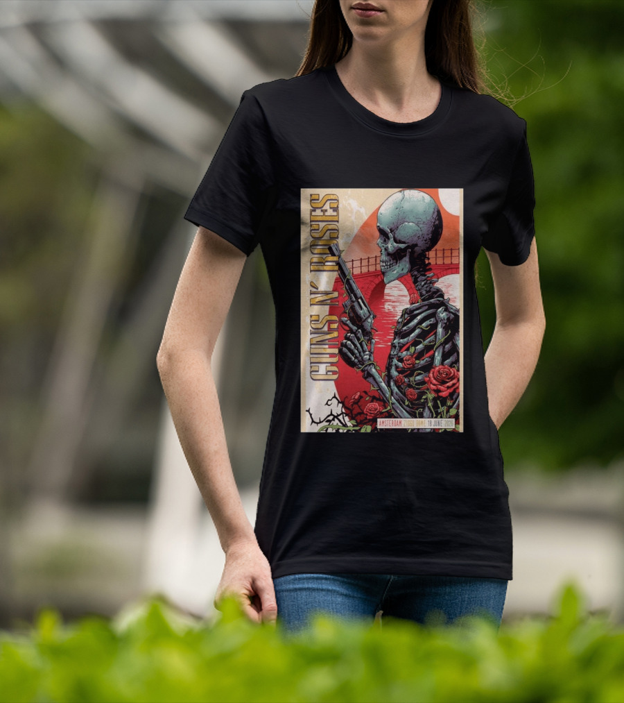 Guns N' Roses Amsterdam 18 June 2026 Ziggo Dome Skeleton With Gun And Roses T-Shirt