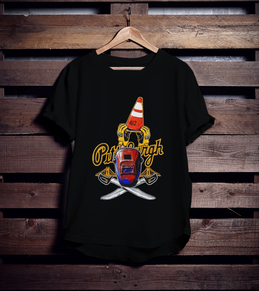Pittsburgh 412 Welding Mask Construction Cone Crossed Swords Yellow Bridge T-Shirt