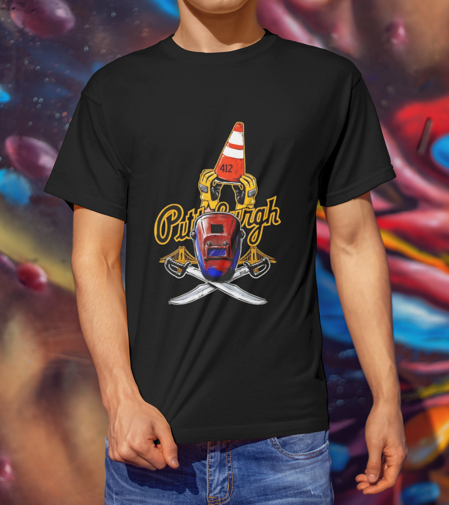Pittsburgh 412 Welding Mask Construction Cone Crossed Swords Yellow Bridge T-Shirt