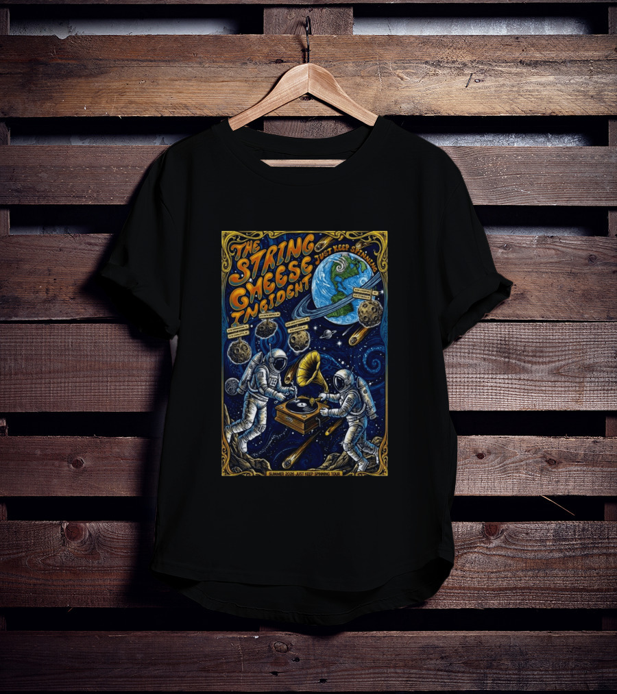The String Cheese Incident Summer 2026 Just Keep Spinning Tour Astronauts Vinyl Planet T-Shirt