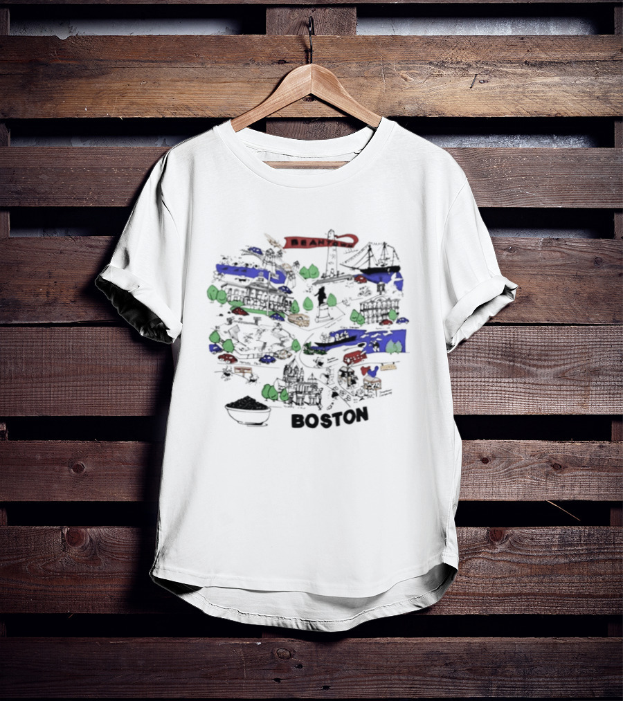 Beantown Boston Skyline Map Massachusetts Souvenir Bridge Boat Trees T-Shirt