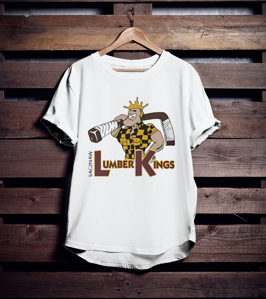 Saginaw Lumber Kings Hockey Team Logo Player With Crown And Hockey Stick T-Shirt