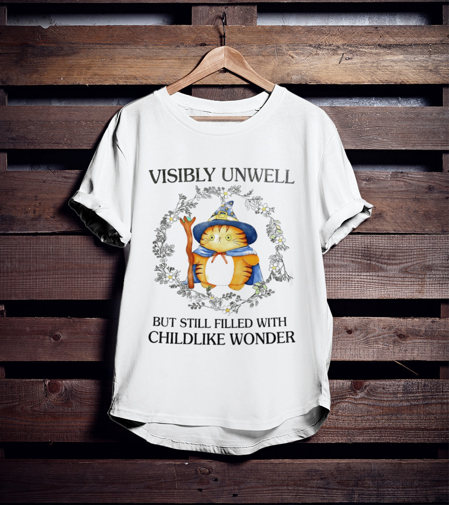 Visibly Unwell Cat With Childlike Wonder Wizard Hat And Cloak T-Shirt