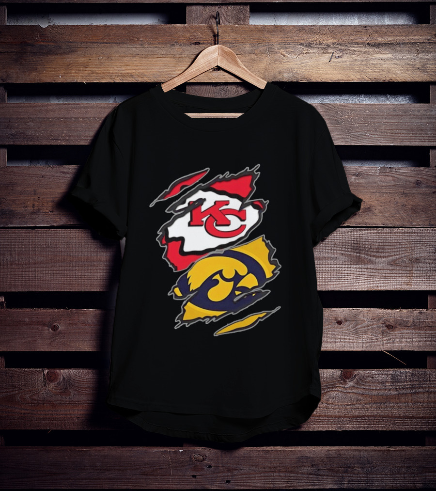 Kansas City Chiefs And Iowa Hawkeyes Two Teams One Heart Scratch KC Logo Iowa T-Shirt