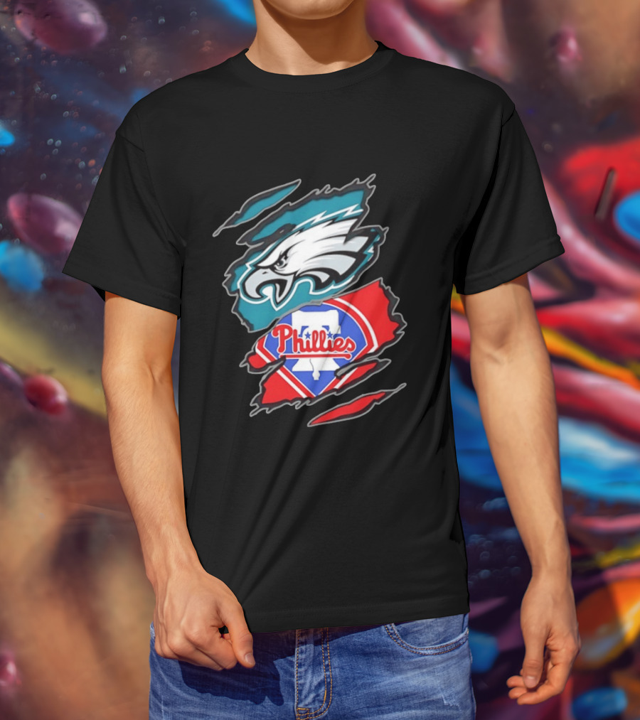 Philadelphia Eagles And Philadelphia Phillies Two Teams One Heart Scratch Logo Fusion T-Shirt