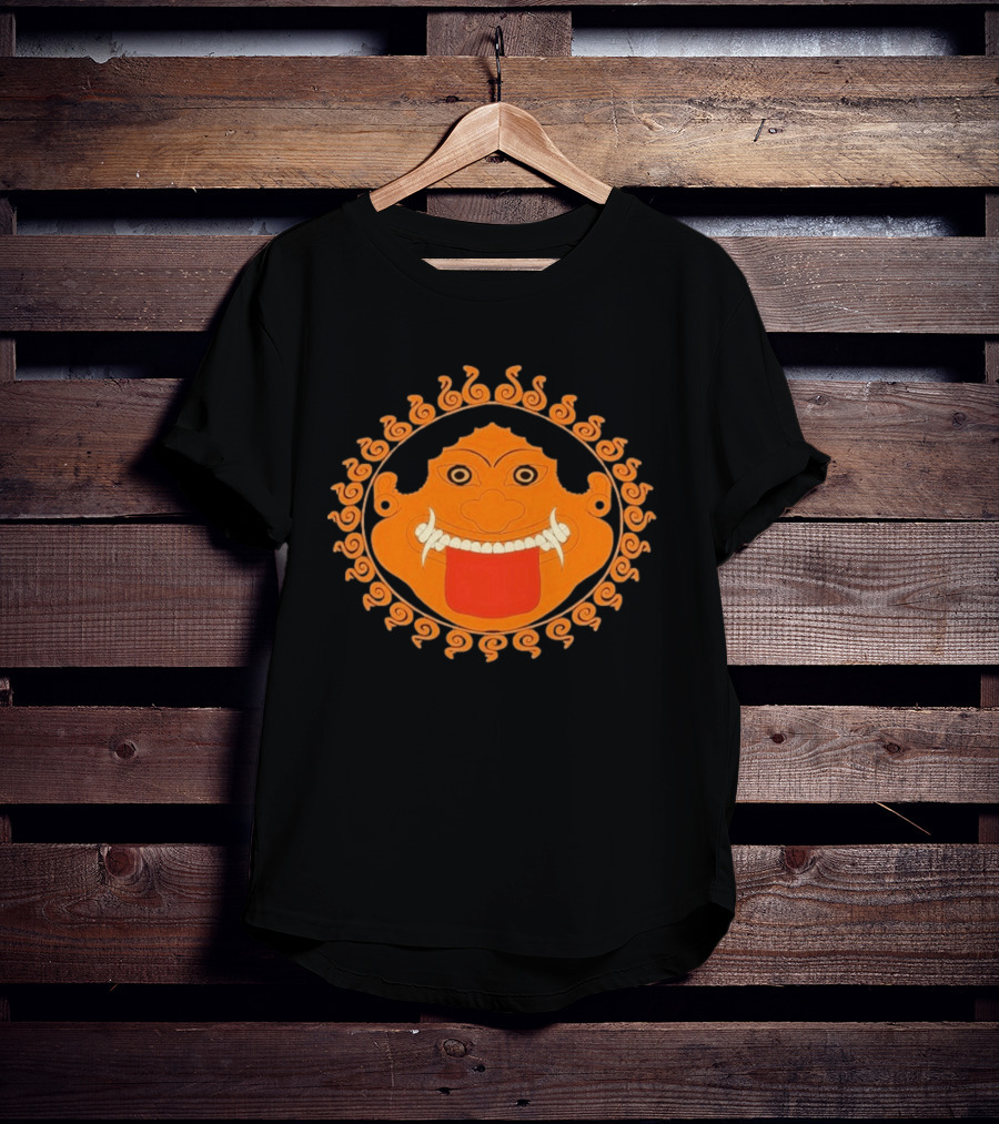 Medusa Gorgon Greek Mythology Monstrous Mask Icon With Orange Spirals T-Shirt