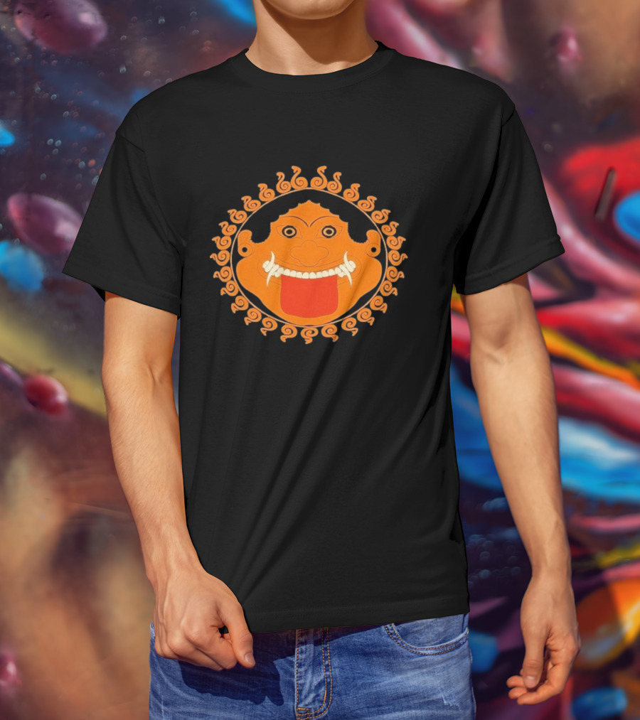 Medusa Gorgon Greek Mythology Monstrous Mask Icon With Orange Spirals T-Shirt