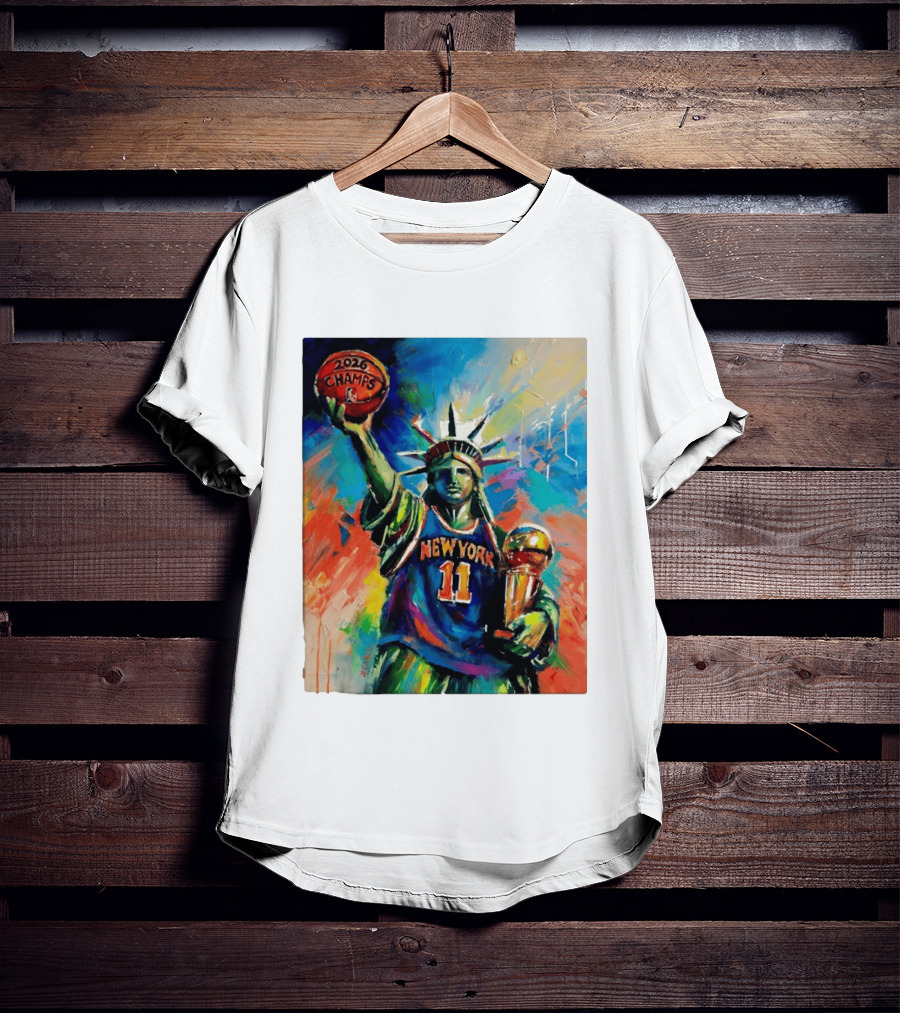 New York Knicks 11 Statue Of Liberty 2026 Champs Trophy Basketball T-Shirt