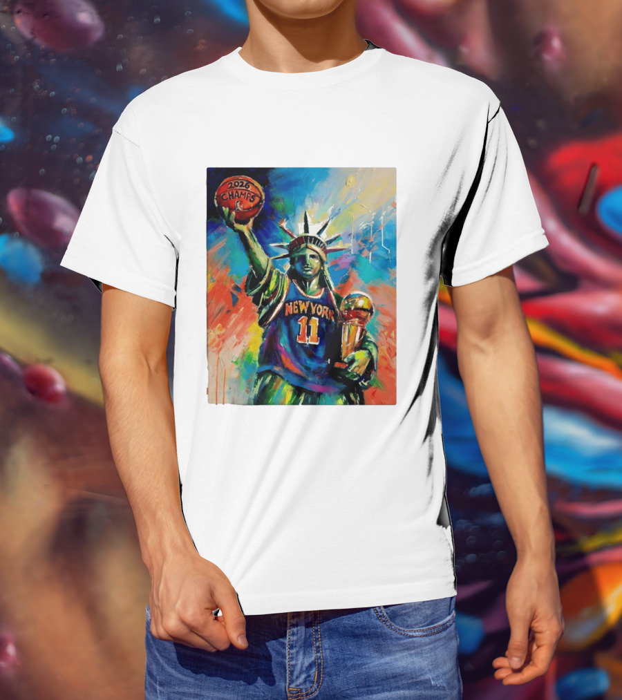 New York Knicks 11 Statue Of Liberty 2026 Champs Trophy Basketball T-Shirt